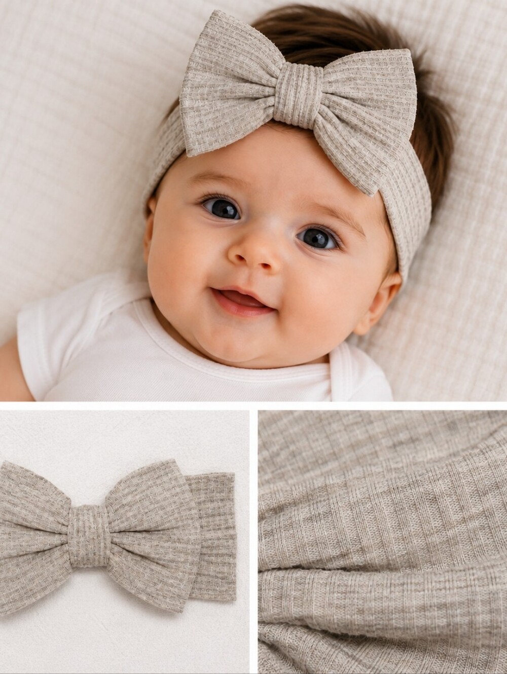 Little Sleepies Heather Stone Ribbed Luxe Bow Headband Newborn–3T NWT Minimalist